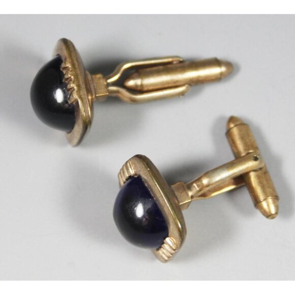 Mid-Century Square Gold Tone Cuff Links Blue Glass or Stone Insets 1960s - Picture 3 of 4